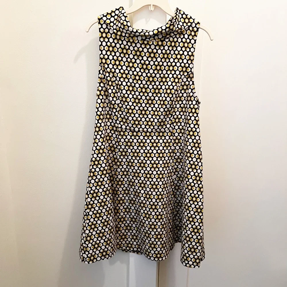Free People Swing Dress Medium Gold‎ Black Polka Dot Geometric Sleeveless Mini